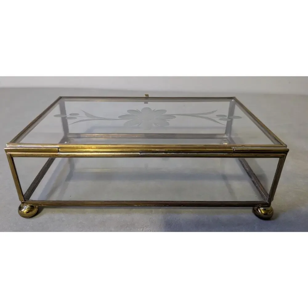 Vintage Brass & Glass Trinket Box Etched Floral Lid Jewelry Case Vanity Decor
